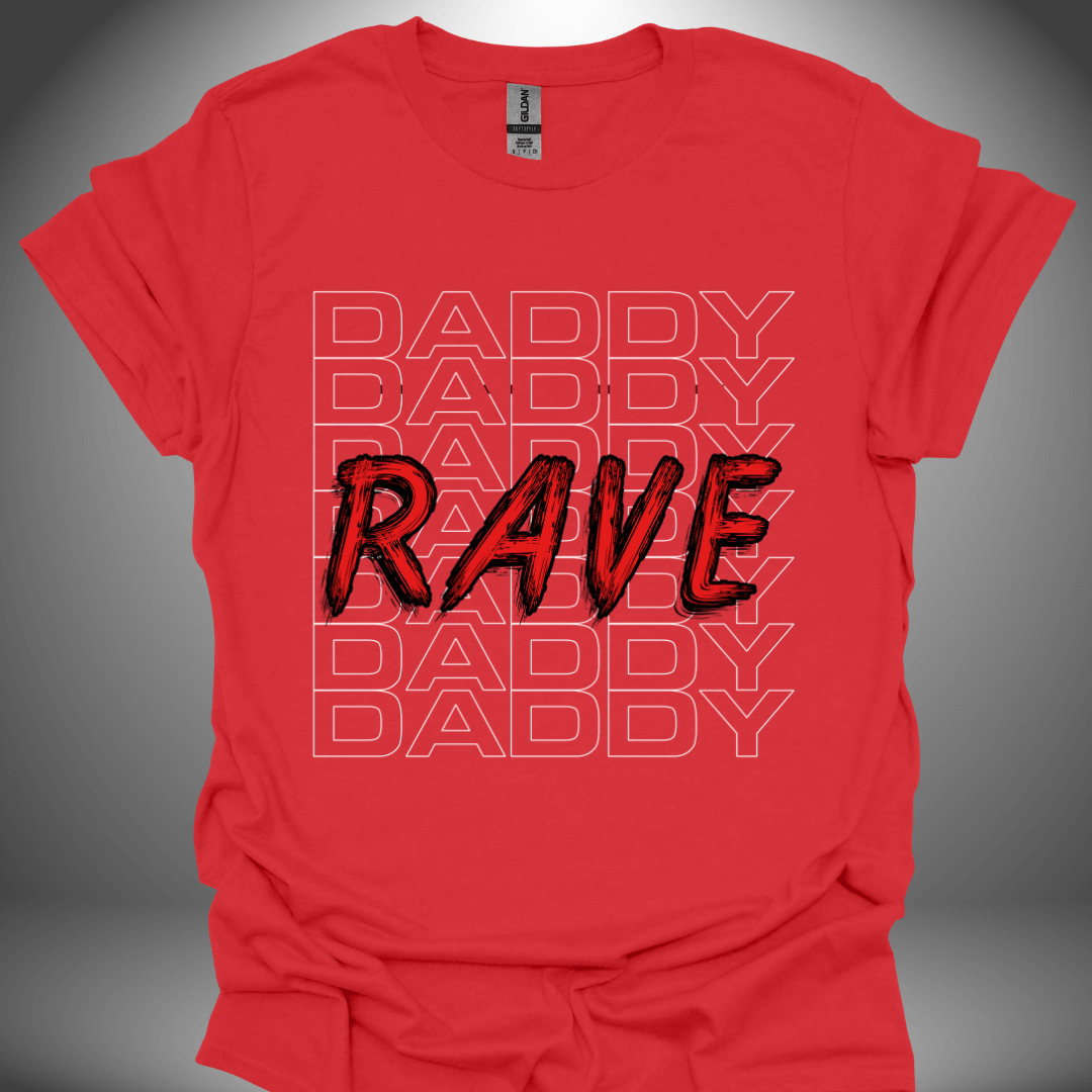 Funny DJ T-shirt, 'Rave Daddy' design in red, front view