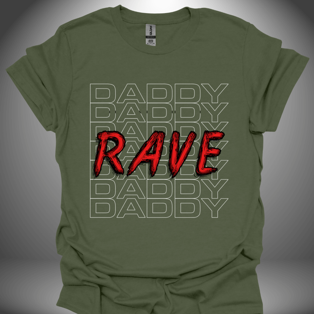 Funny DJ T-shirt, 'Rave Daddy' design in military green, front view