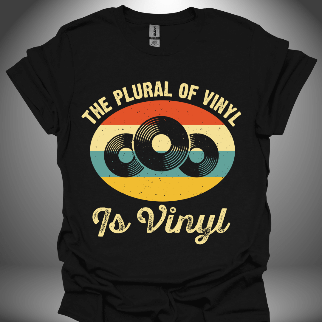 Vinyl enthusiast unisex DJ T-shirt, 'The Plural of Vinyl Is Vinyl' design in black, front view