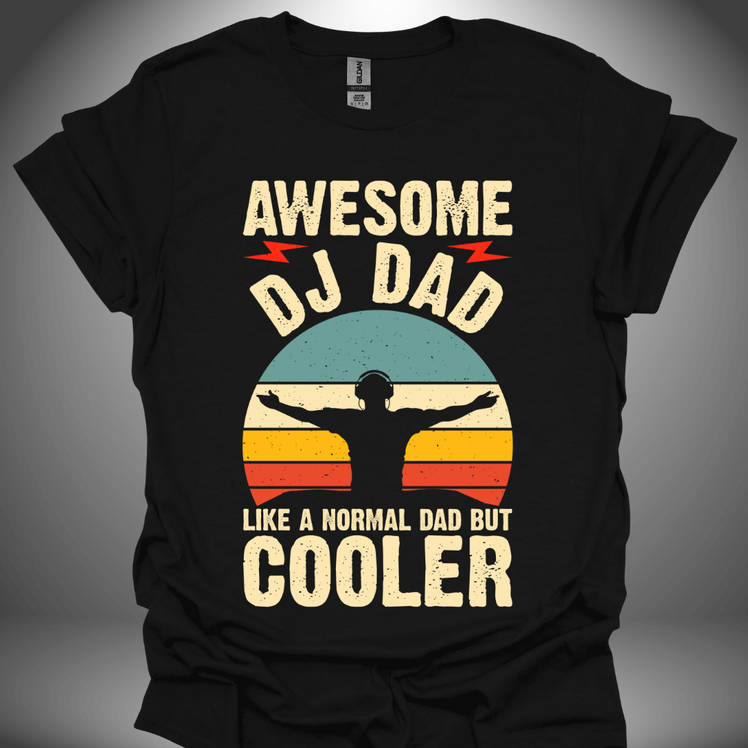 Unisex DJ T-shirt, 'Awesome DJ Dad' design in black, front view