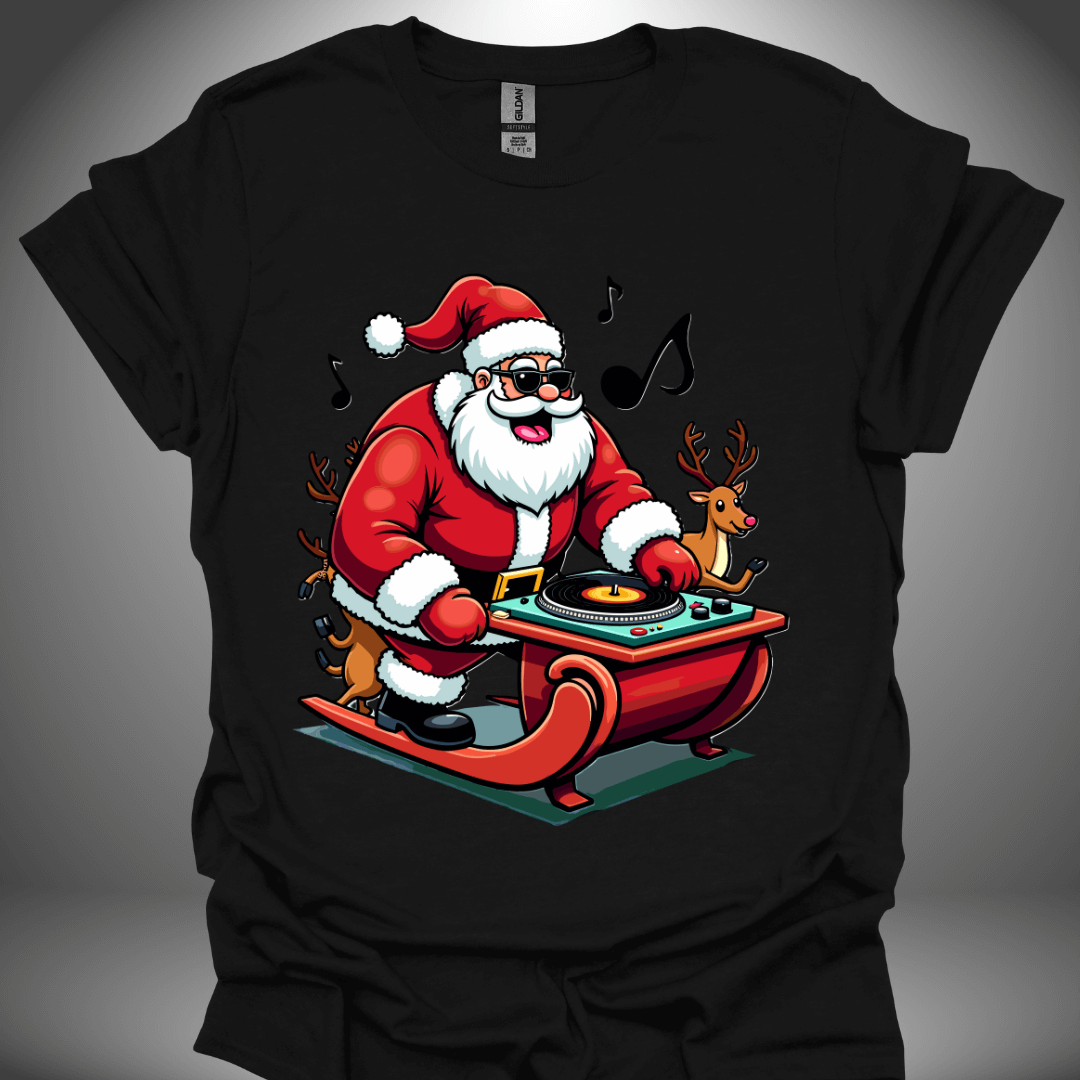 Christmas DJ T-shirt, 'Spinning Santa' design in black, front view