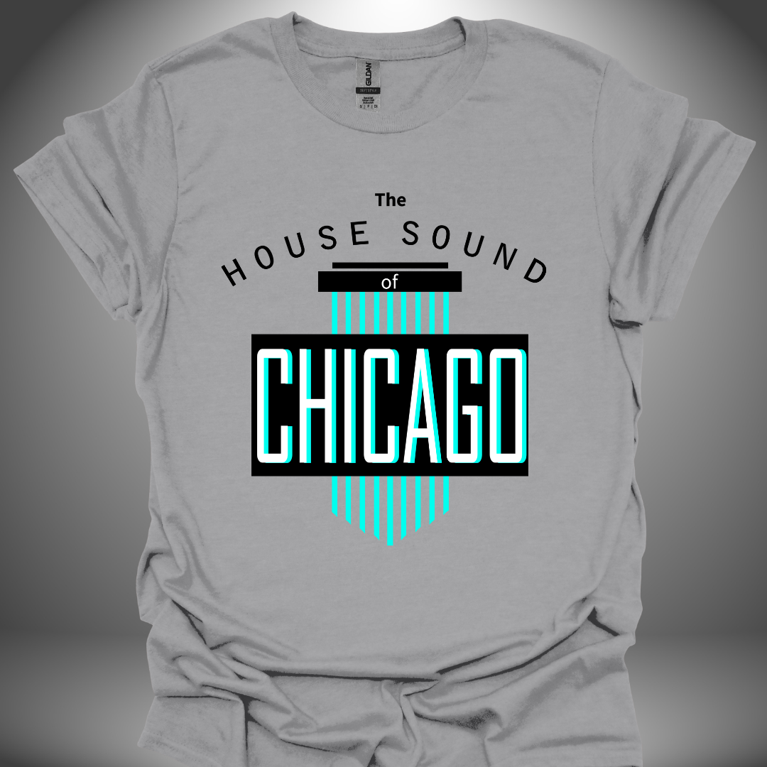 Unisex House Music T-shirt 'House Sound of Chicago' design in sport grey, front view