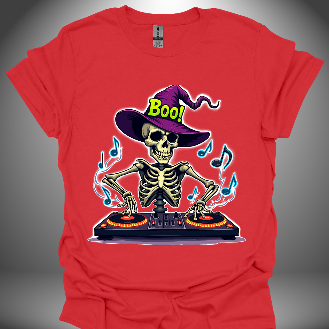 Halloween DJ T-shirt, 'Spooky DJ' design in red, front view