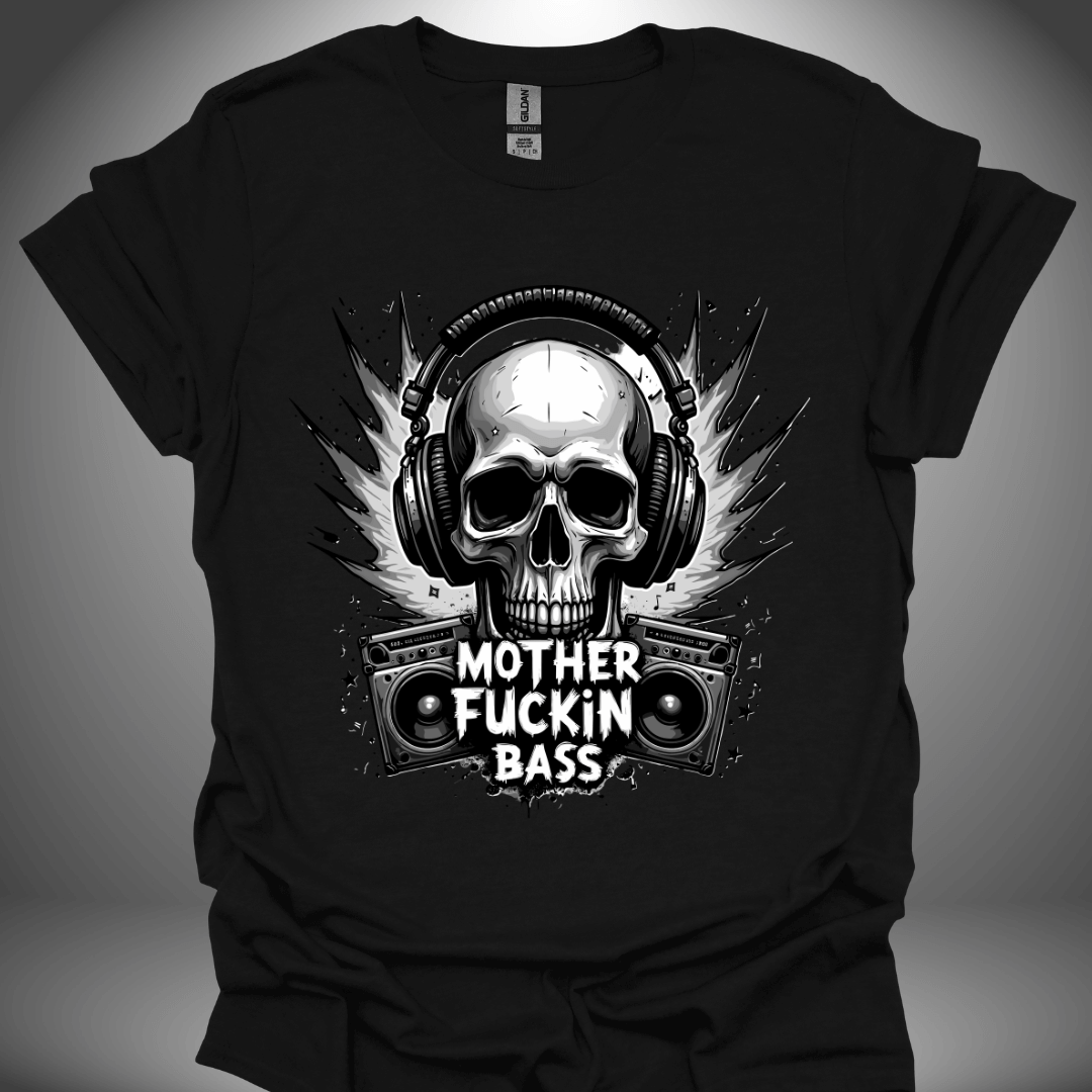 Unisex DJ T-shirt, 'Mother Fuckin Bass' design in black, front view