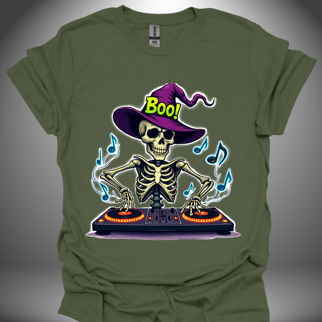 Halloween DJ T-shirt, 'Spooky DJ' design in military green, front view