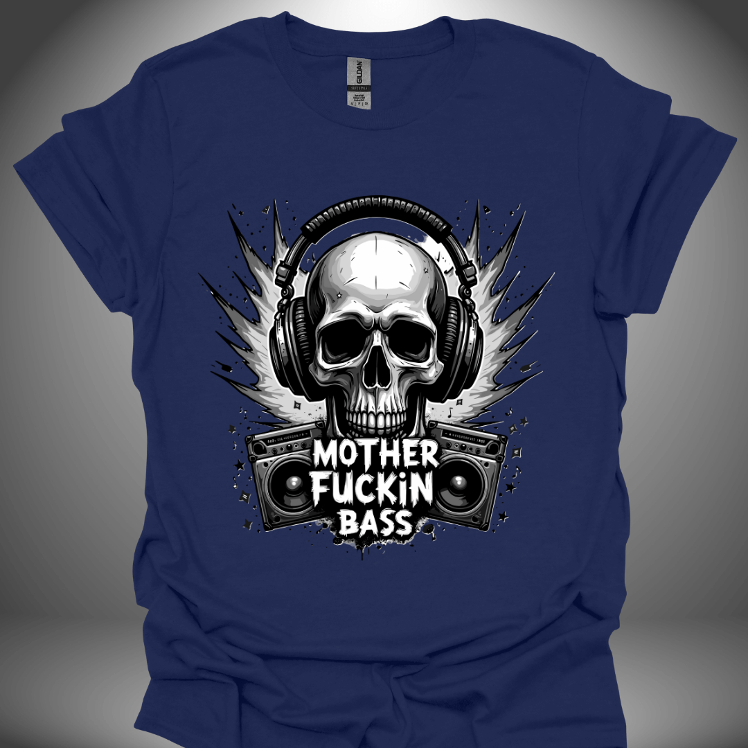 Unisex DJ T-shirt, 'Mother Fuckin Bass' design in navy, front view