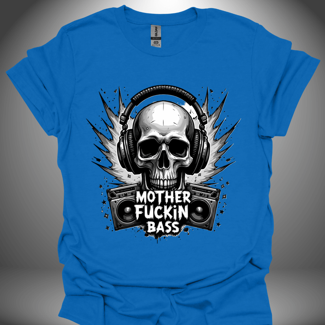 Unisex DJ T-shirt, 'Mother Fuckin Bass' design in royal blue, front view