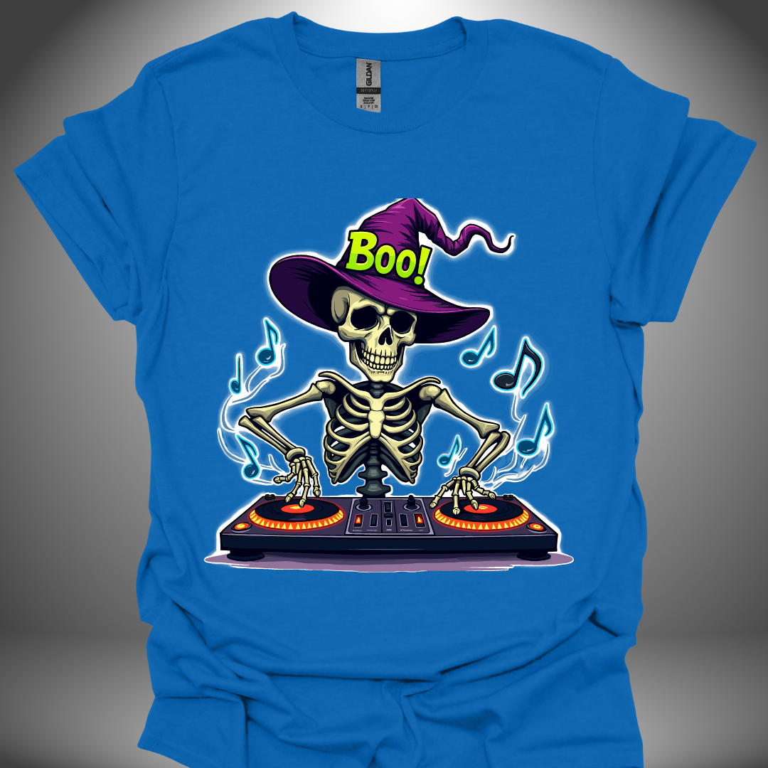 Halloween DJ T-shirt, 'Spooky DJ' design in royal blue, front view