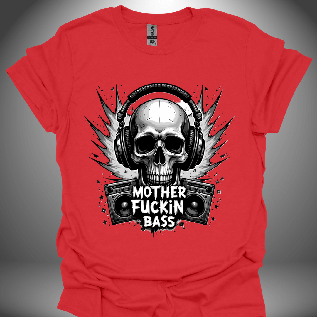 Unisex DJ T-shirt, 'Mother Fuckin Bass' design in red, front view