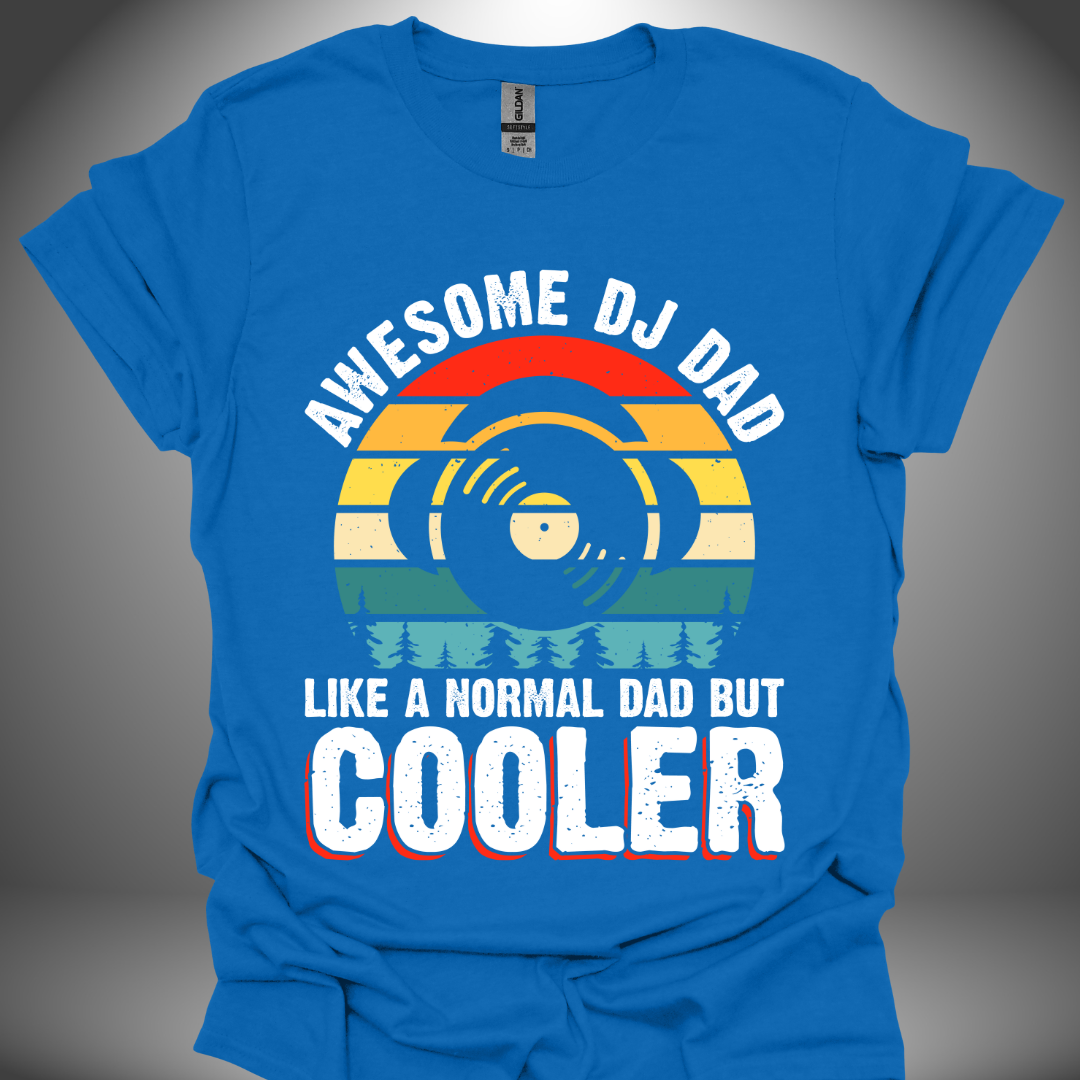 Unisex DJ T-shirt, 'Awesome DJ Dad' design in royal blue, front view