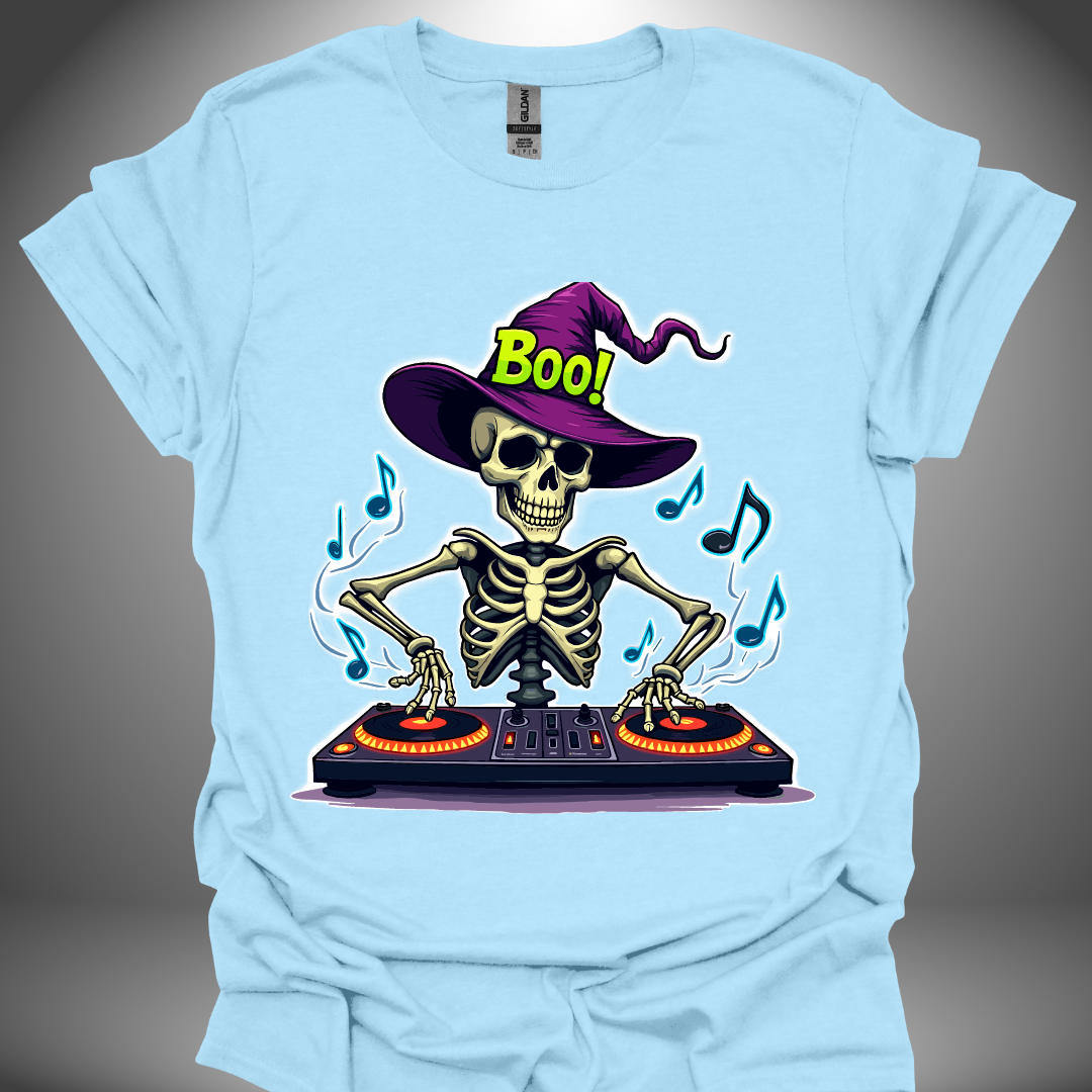 Halloween DJ T-shirt, 'Spooky DJ' design in light blue, front view