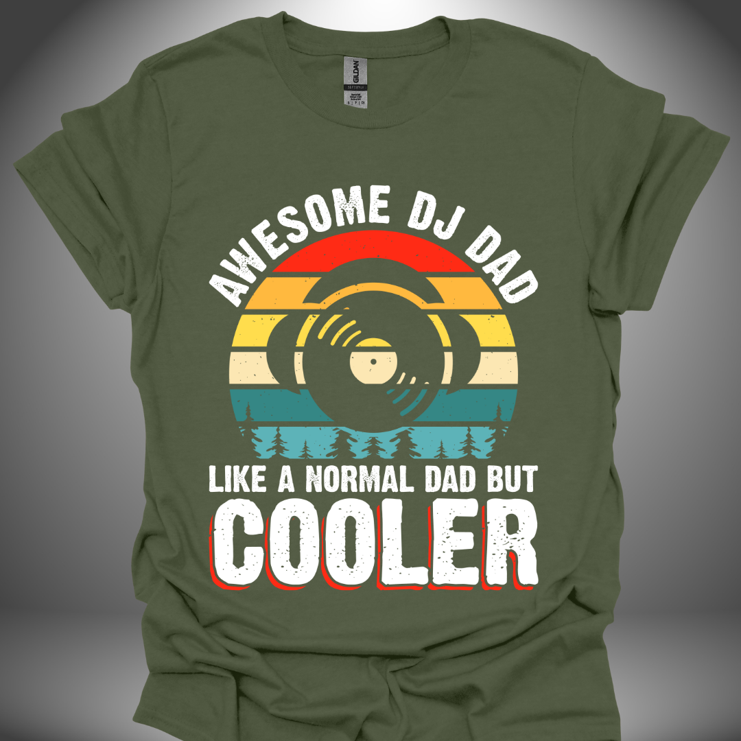 Unisex DJ T-shirt, 'Awesome DJ Dad' design in military green, front view