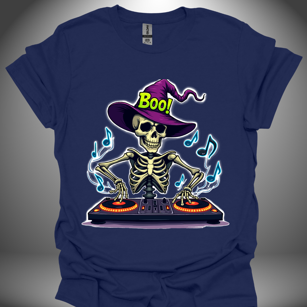 Halloween DJ T-shirt, 'Spooky DJ' design in navy, front view