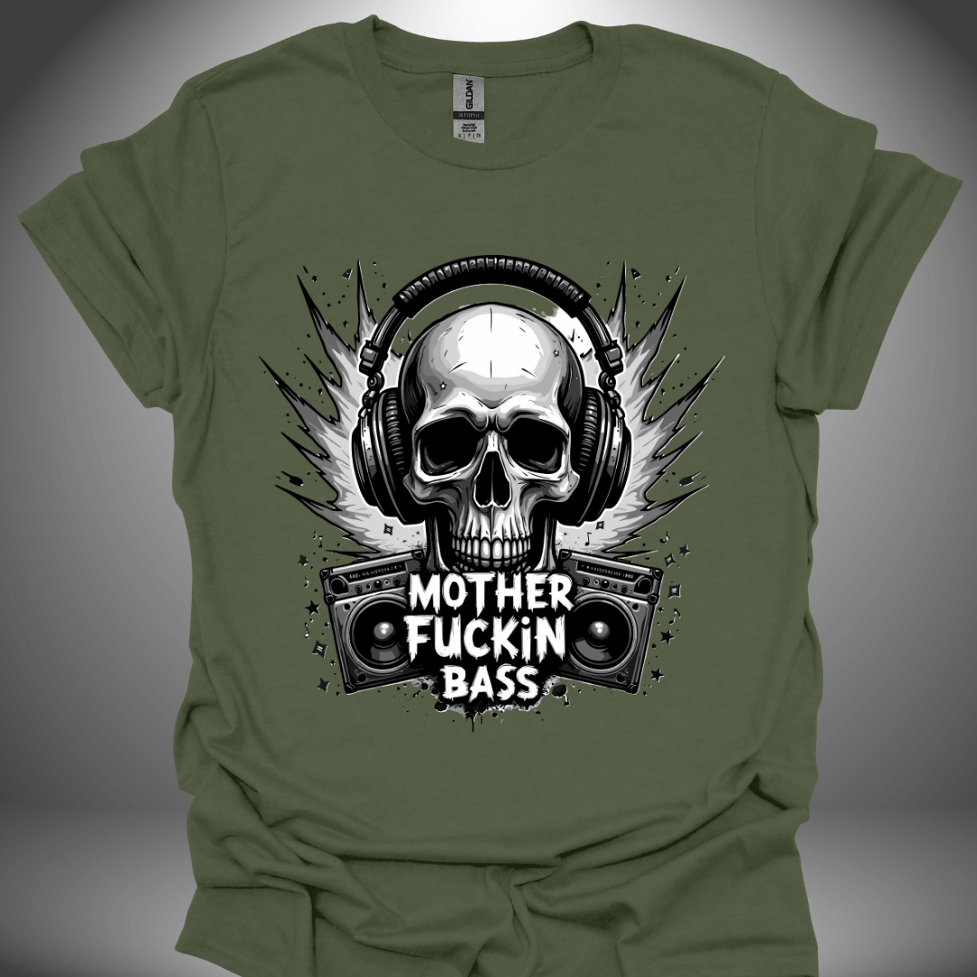 Unisex DJ T-shirt, 'Mother Fuckin Bass' design in military green, front view