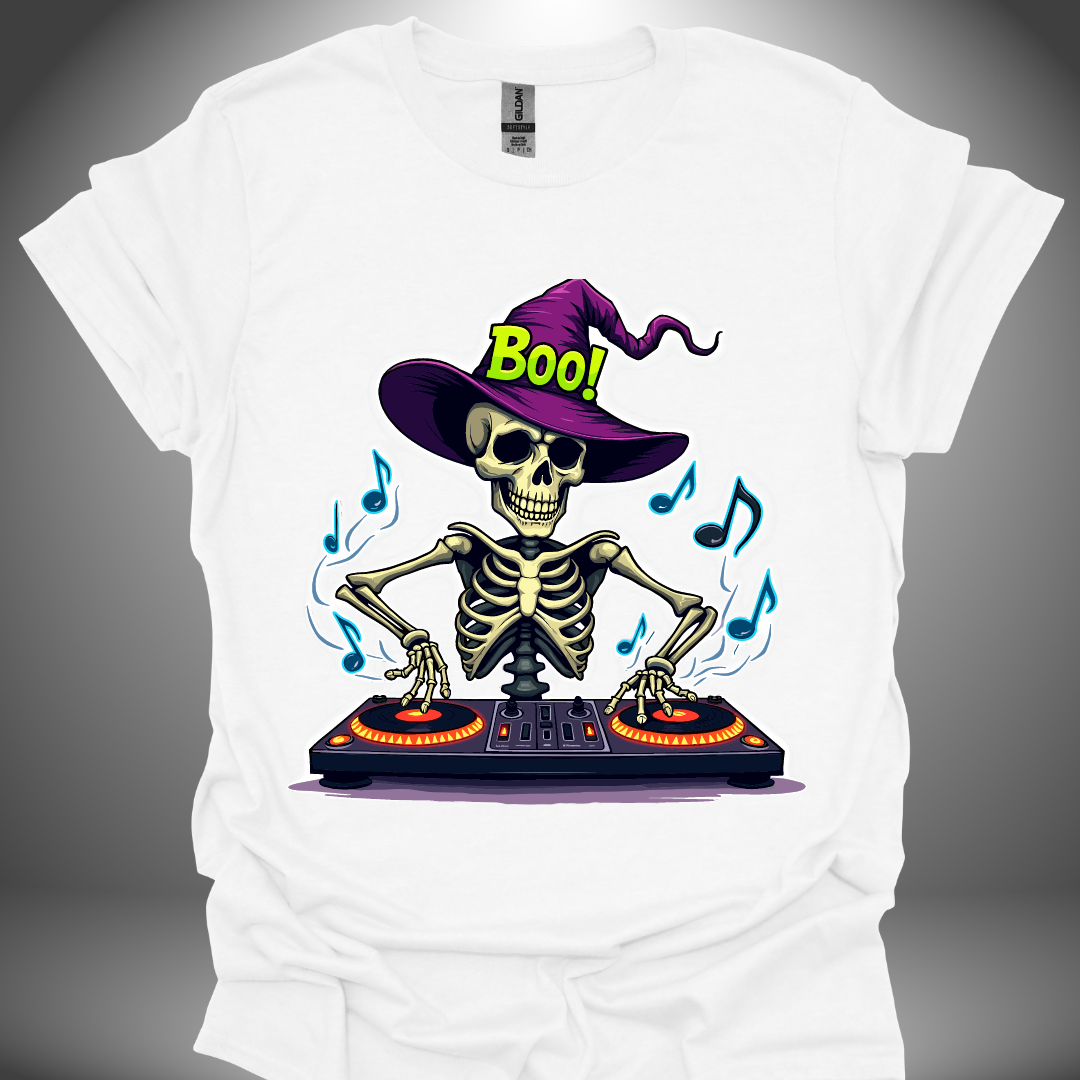 Halloween DJ T-shirt, 'Spooky DJ' design in white, front view