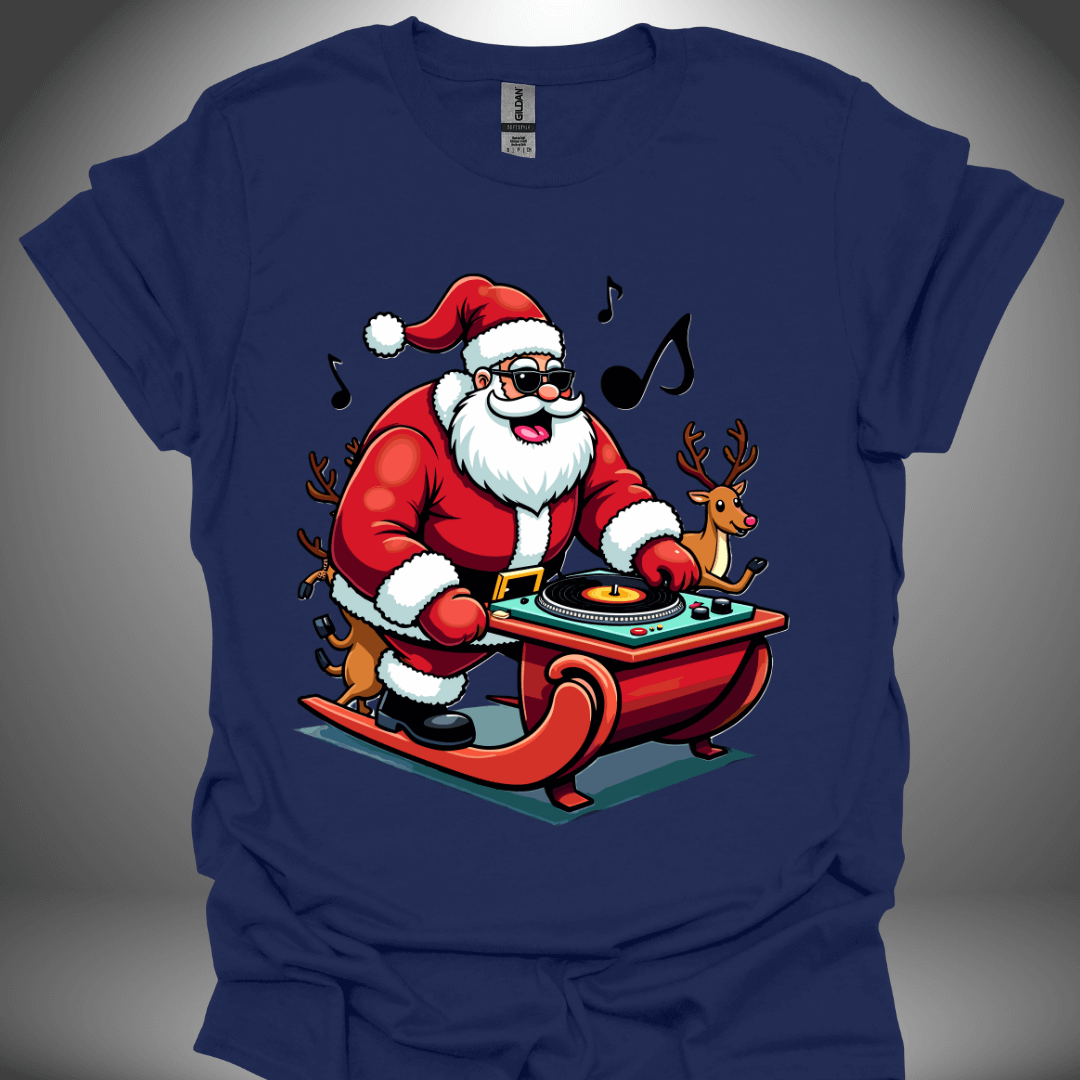 Christmas DJ T-shirt, 'Spinning Santa' design in navy, front view