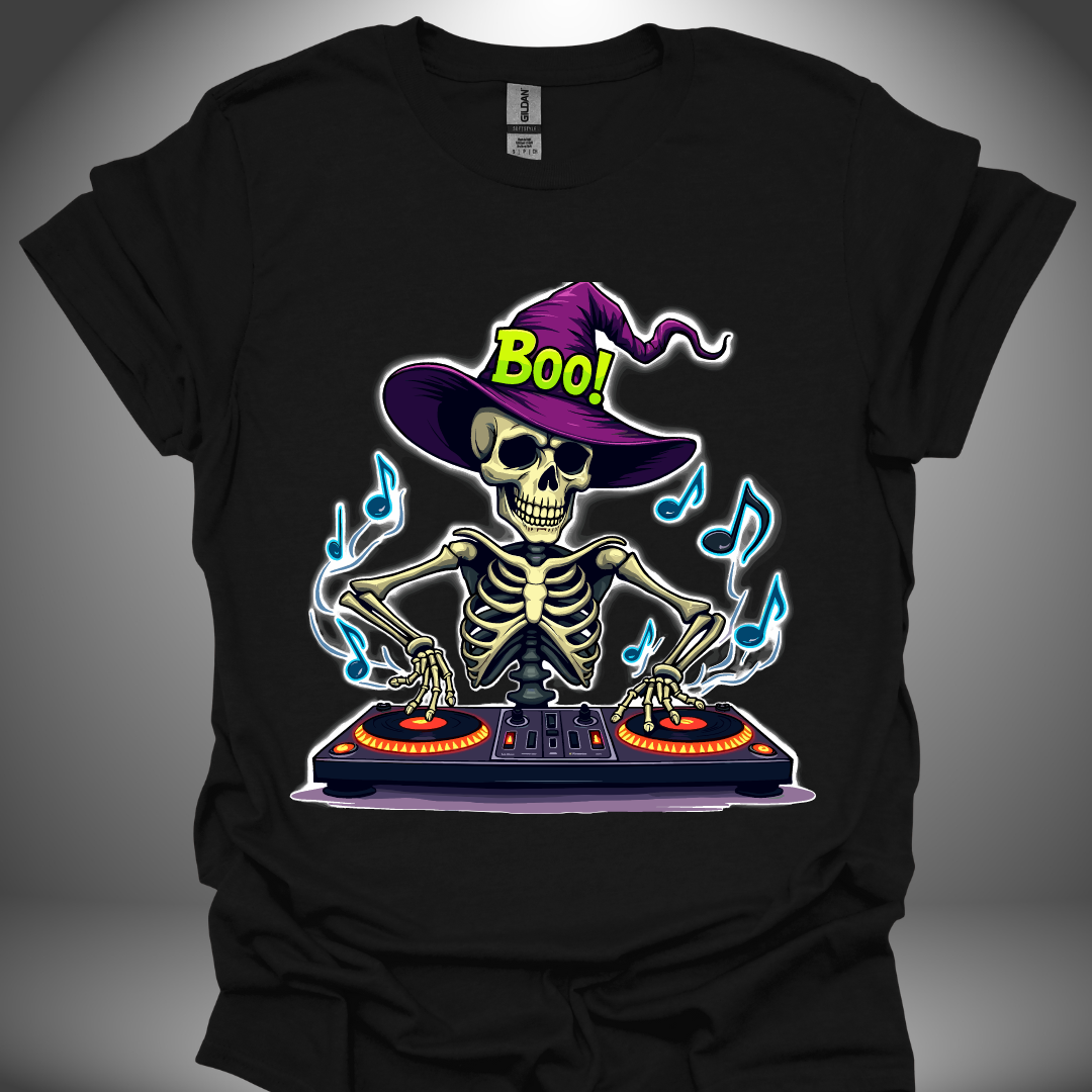 Halloween DJ T-shirt, 'Spooky DJ' design in black, front view