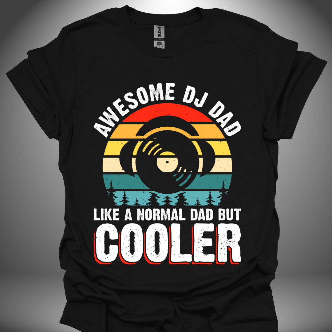 Unisex DJ T-shirt, 'Awesome DJ Dad' design in black, front view