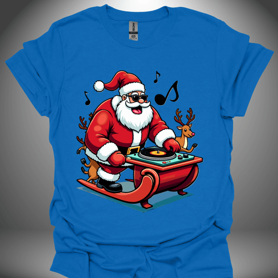 Christmas DJ T-shirt, 'Spinning Santa' design in royal blue, front view