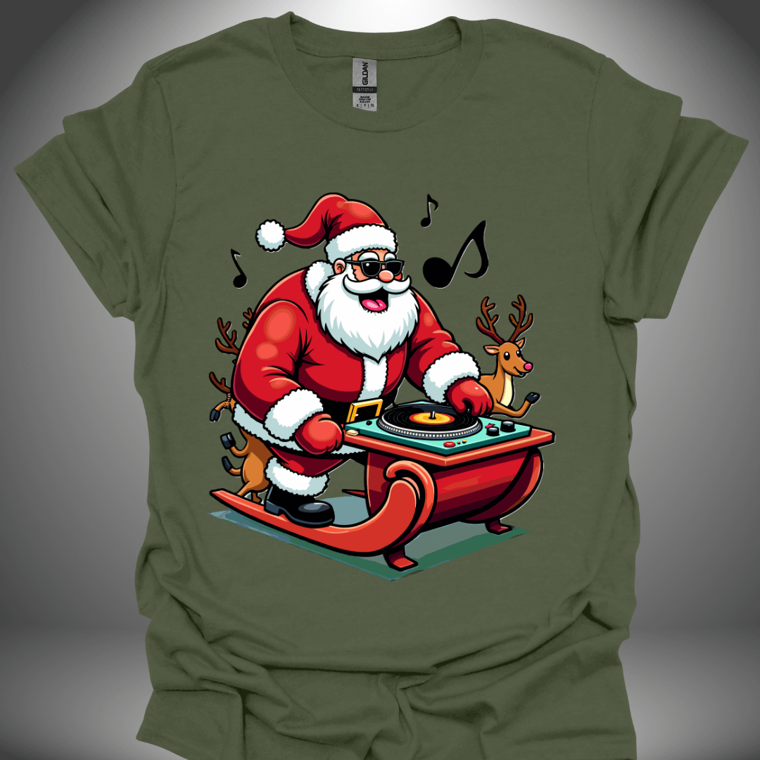 Christmas DJ T-shirt, 'Spinning Santa' design in military green, front view