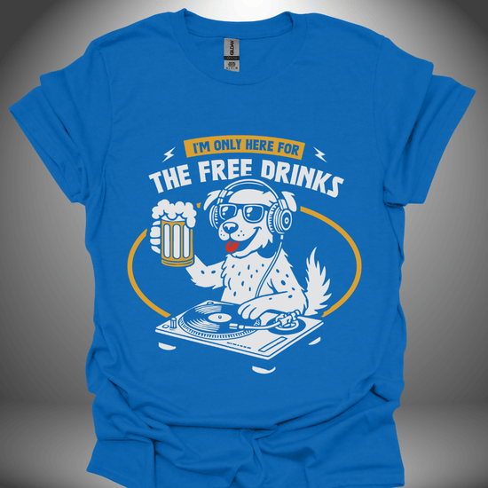 Funny DJ T-shirt, 'The Thirsty DJ' design in royal blue, front view