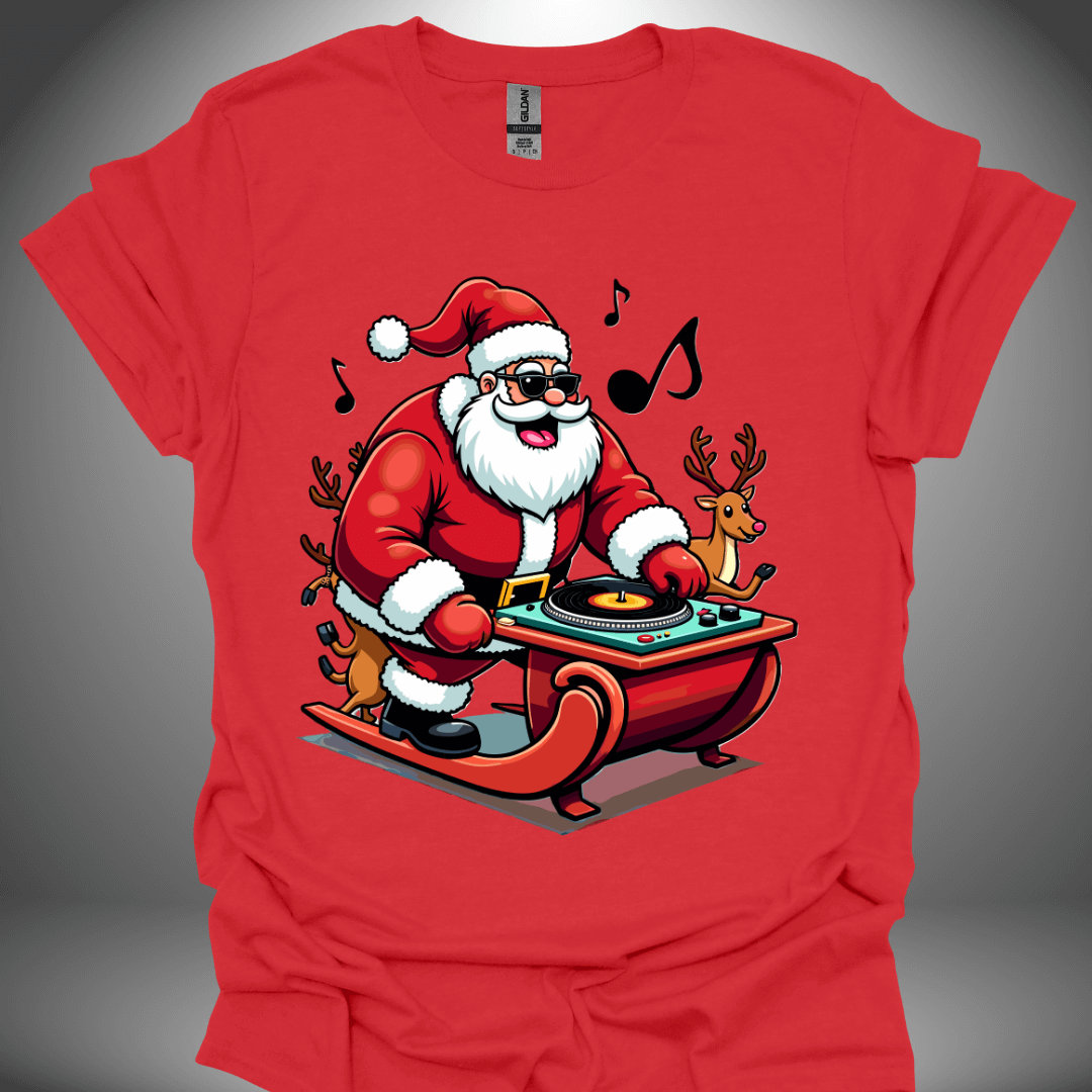 Christmas DJ T-shirt, 'Spinning Santa' design in red, front view