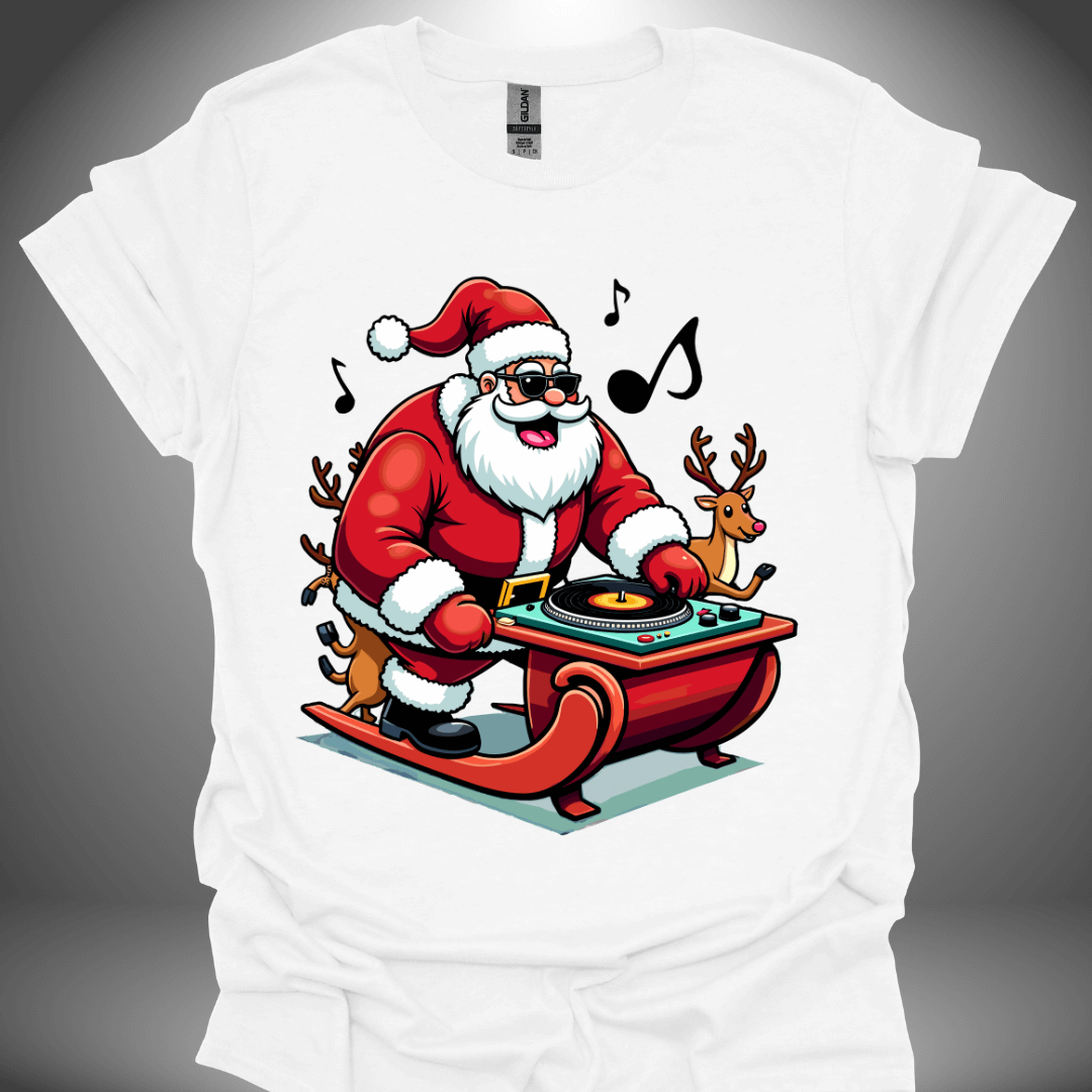 Christmas DJ T-shirt, 'Spinning Santa' design in white, front view