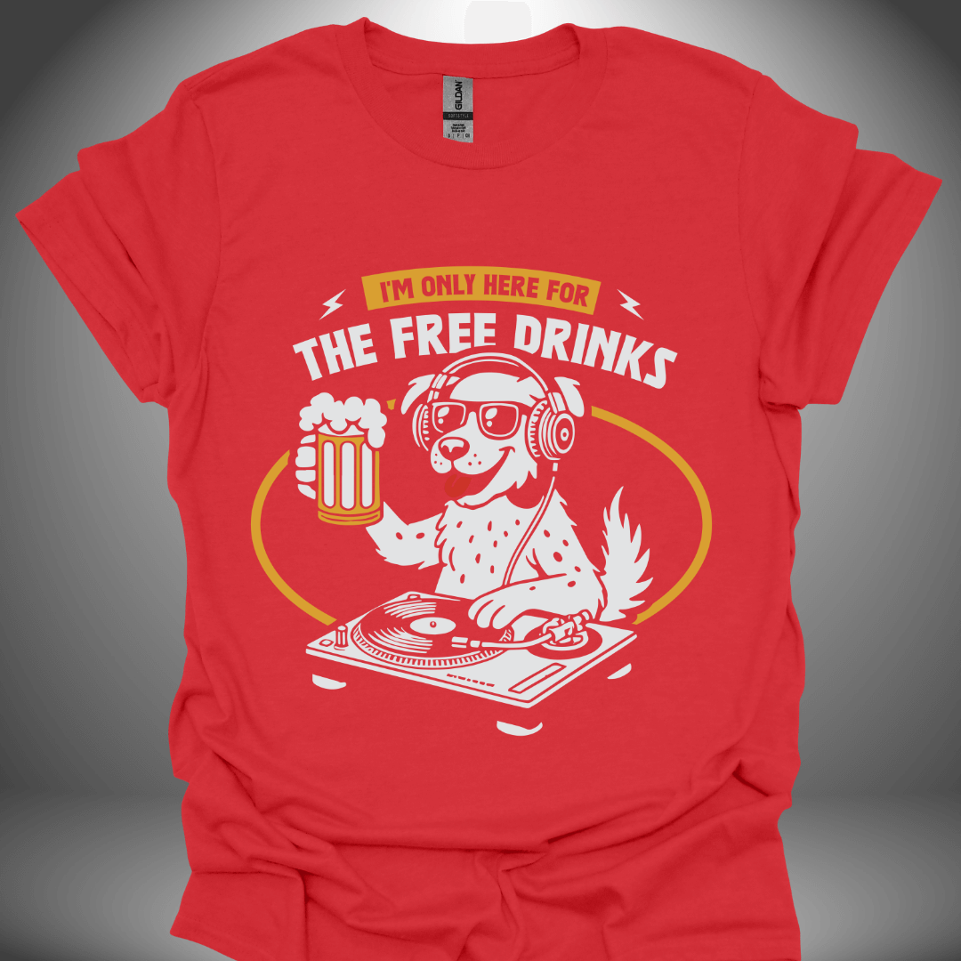 Funny DJ T-shirt, 'The Thirsty DJ' design in red, front view