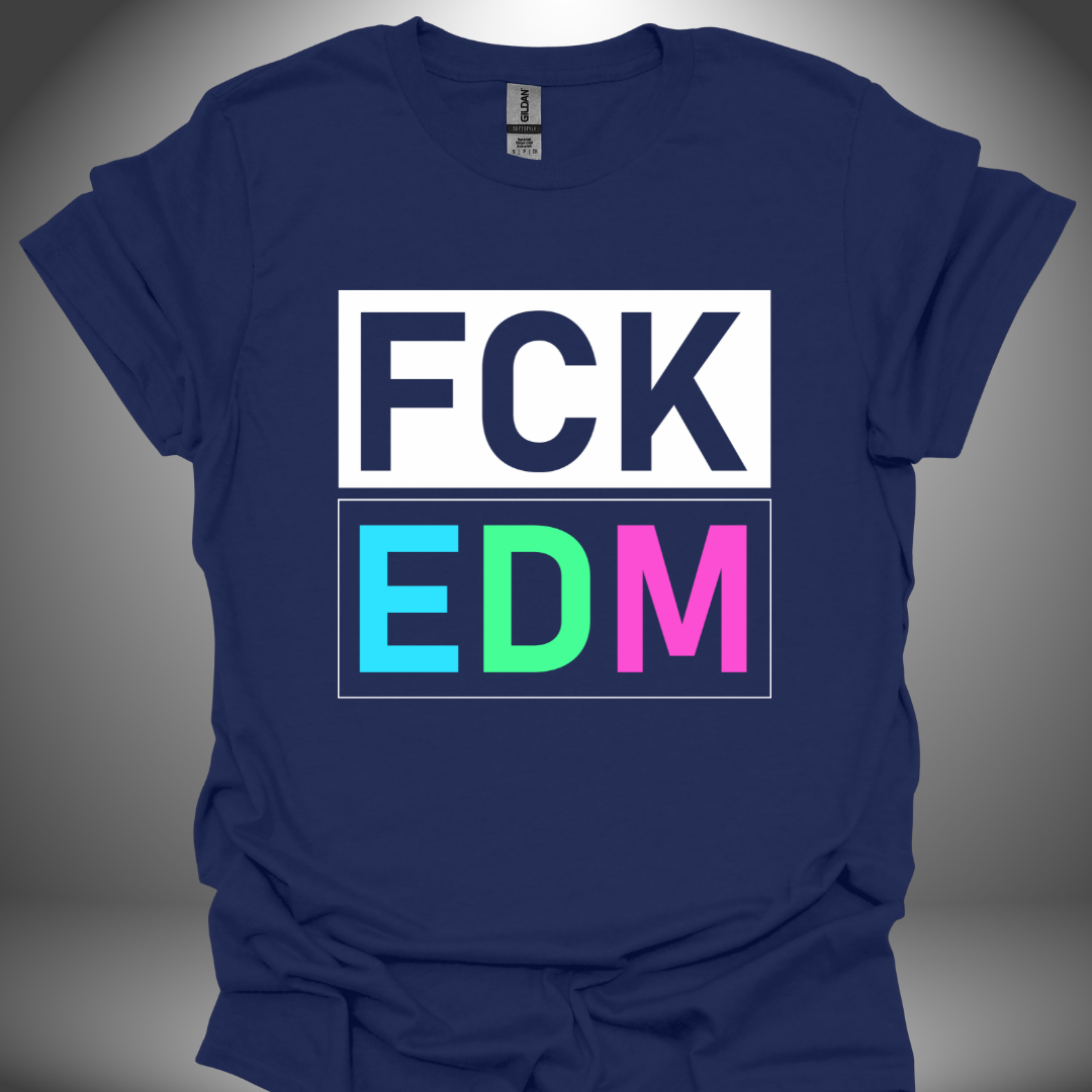 Unisex DJ T-shirt, 'FCK EDM’ design in navy, front view