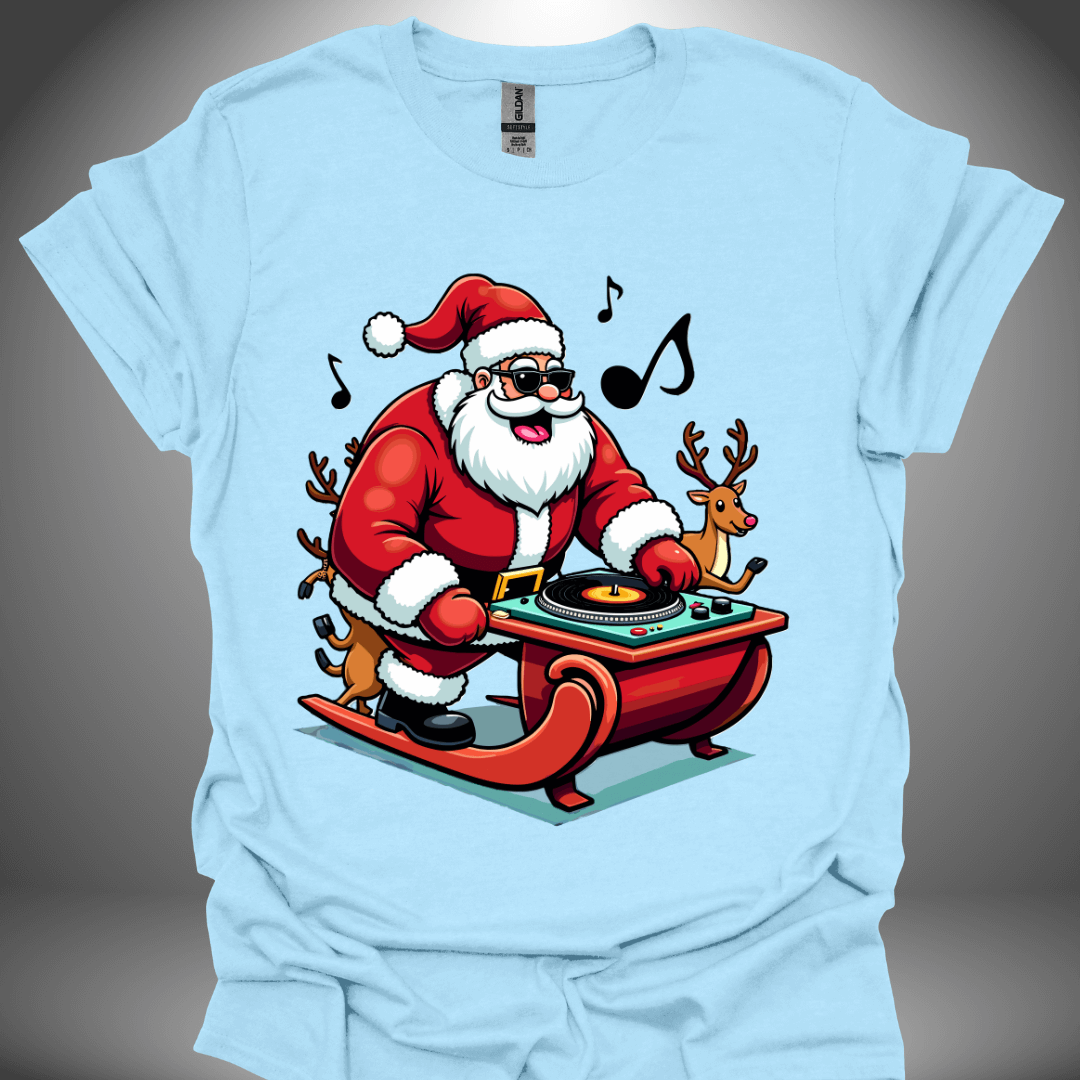 Christmas DJ T-shirt, 'Spinning Santa' design in light blue, front view