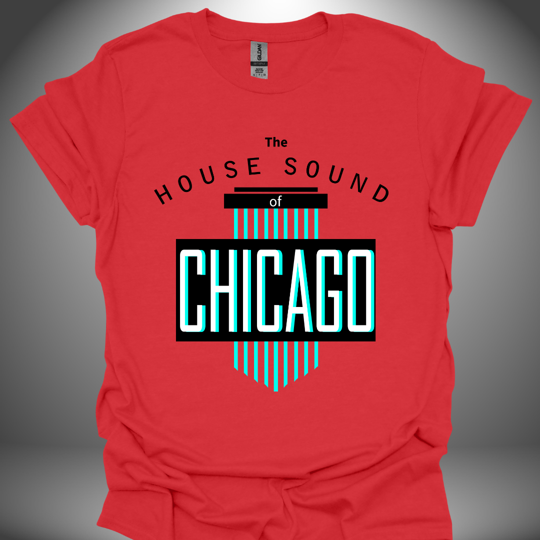 Unisex house music T-shirt, 'House Sound of Chicago' design in red, front view