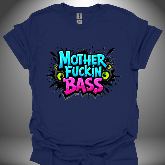 Unisex DJ T-shirt, 'Mother Fuckin Bass' design (v.3) in navy, front view