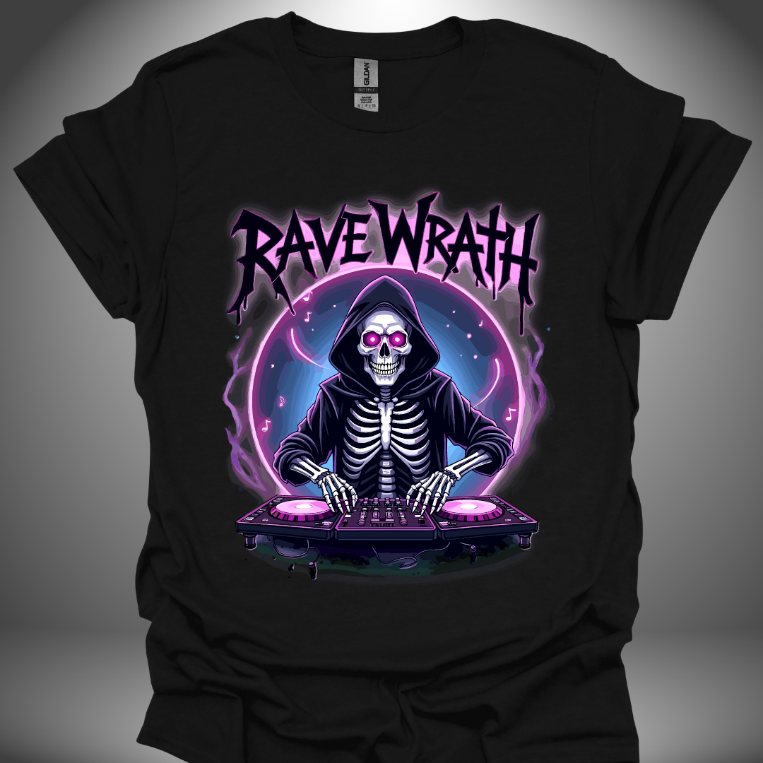 Halloween DJ T-shirt, 'Rave Wrath' design in black, front view