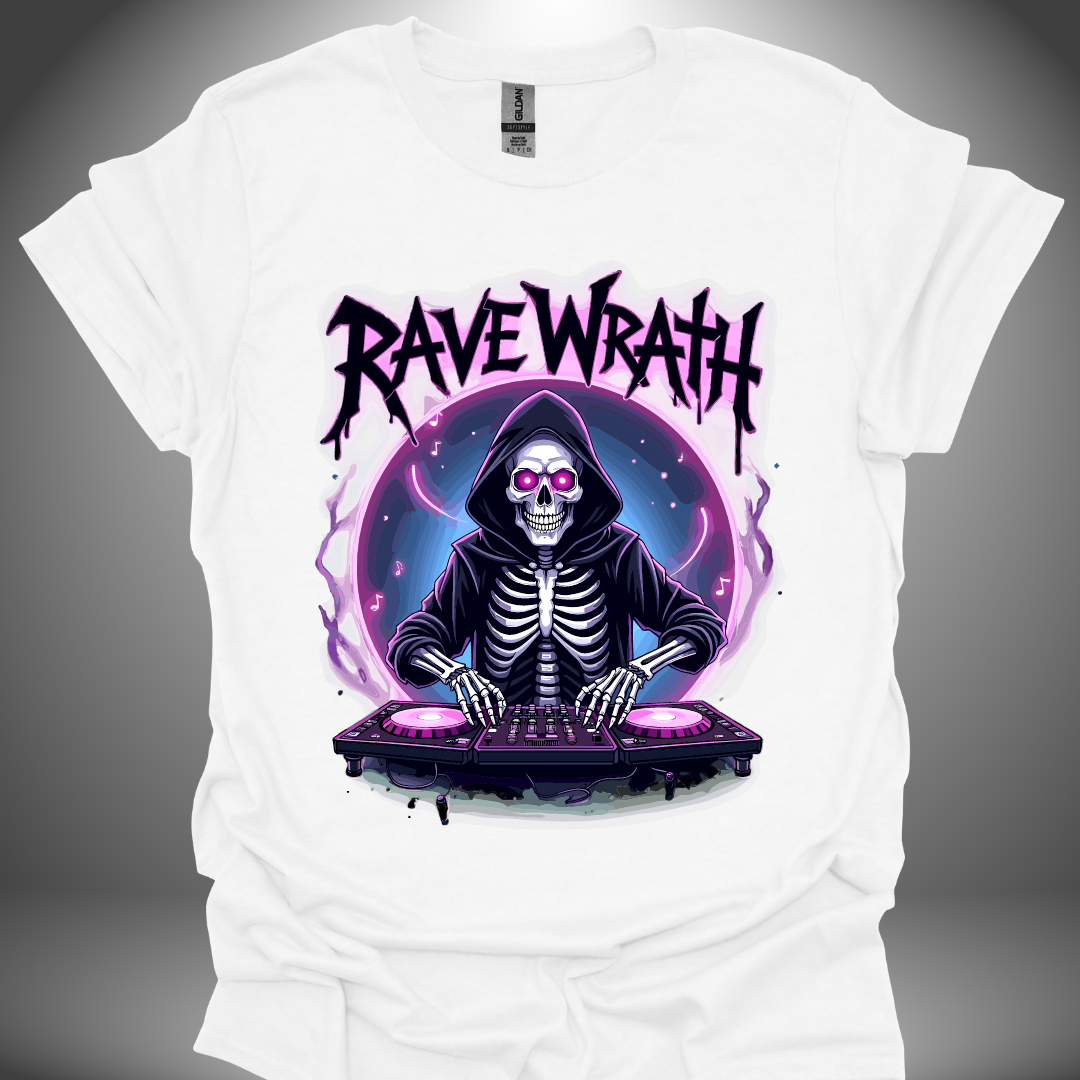 Halloween DJ T-shirt, 'Rave Wrath' design in white, front view