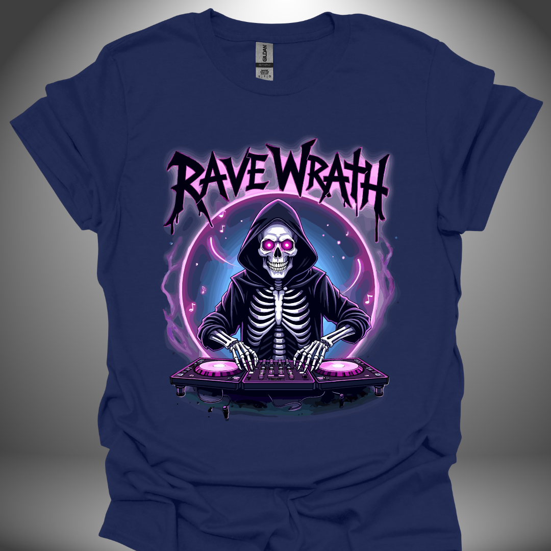 Halloween DJ T-shirt, 'Rave Wrath' design in navy, front view