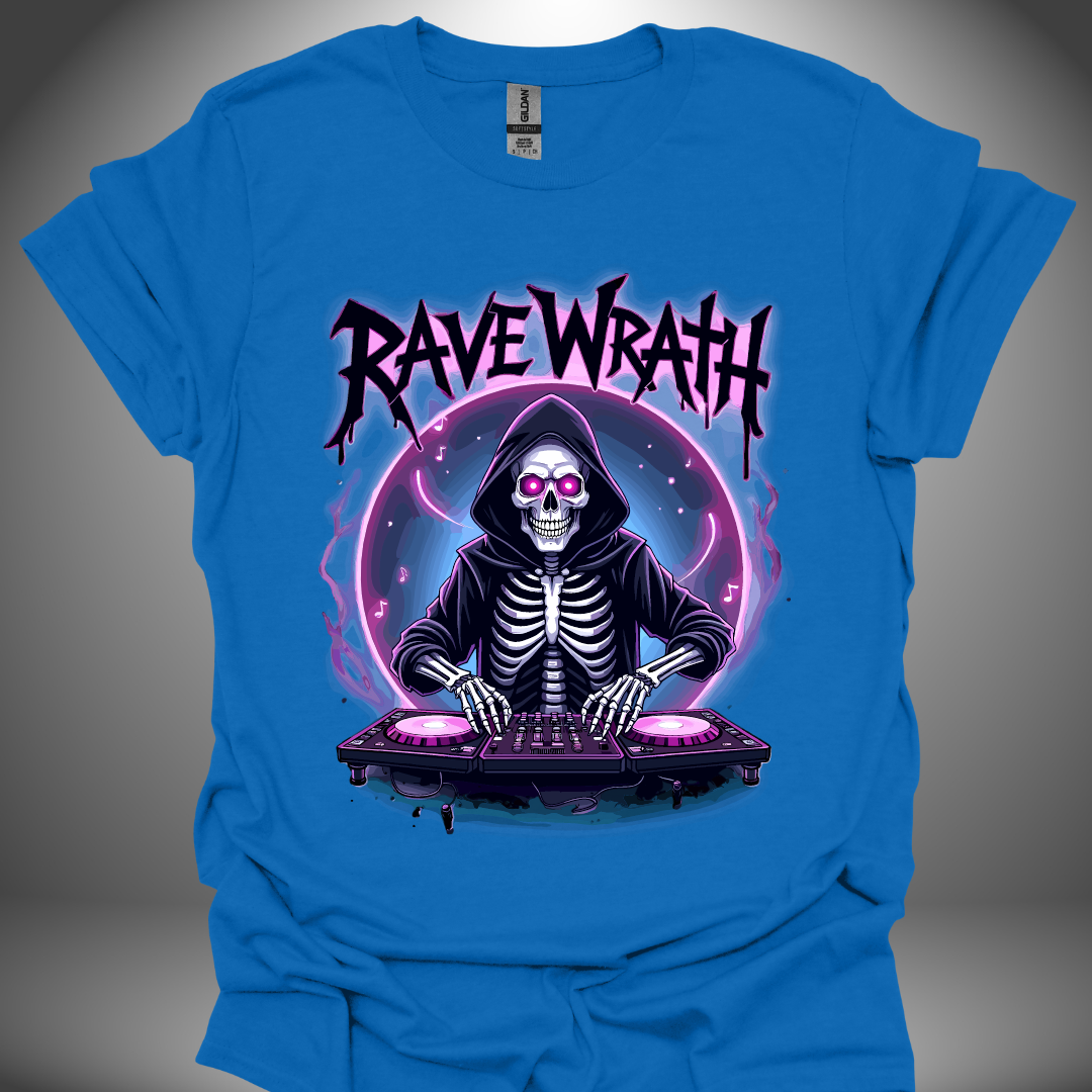 Halloween DJ T-shirt, 'Rave Wrath' design in royal blue, front view