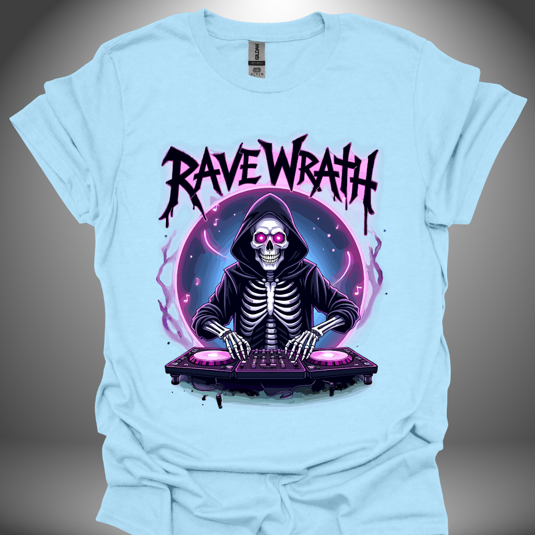 Halloween DJ T-shirt, 'Rave Wrath' design in light blue, front view