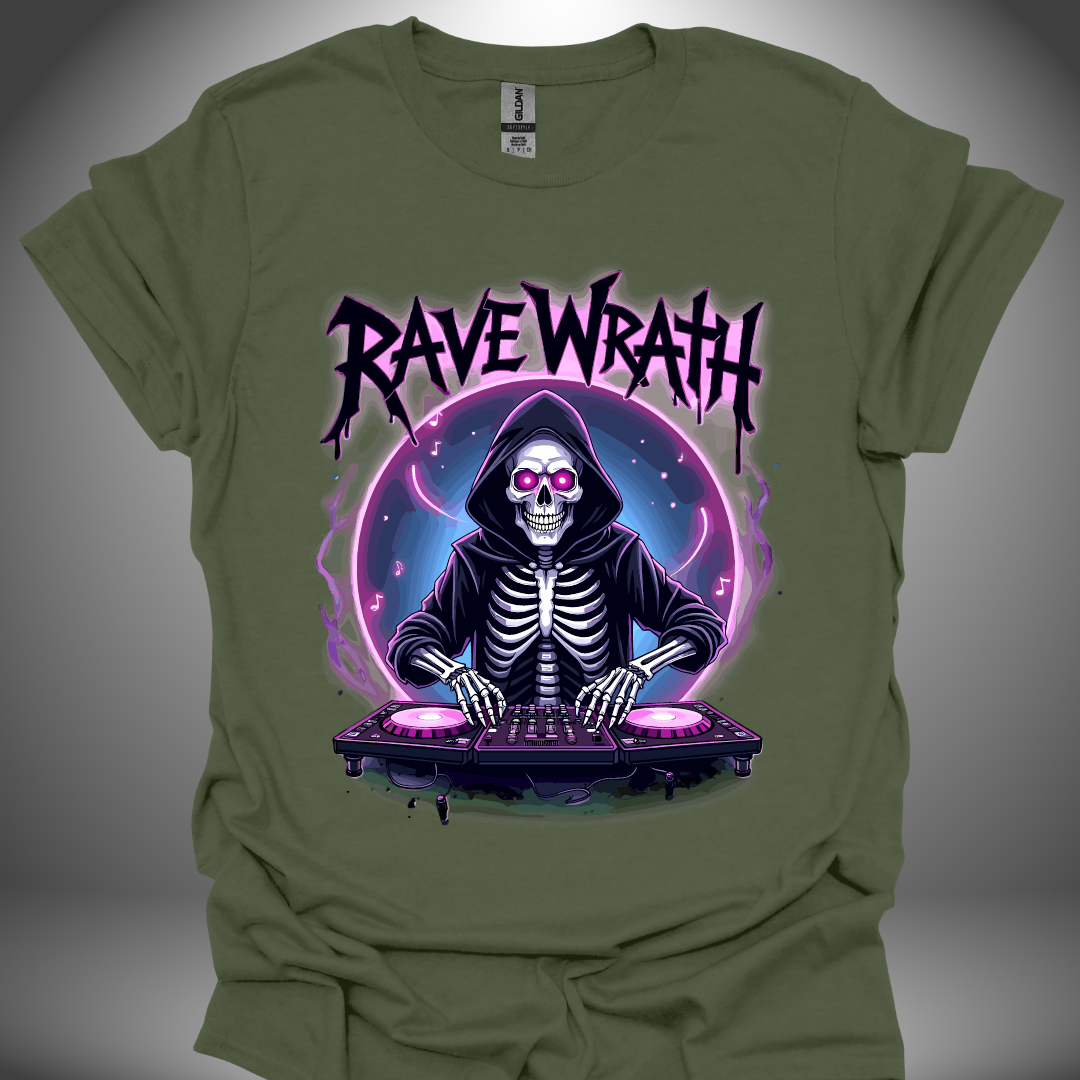 Halloween DJ T-shirt, 'Rave Wrath' design in military green, front view