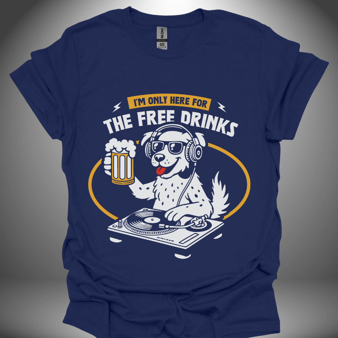 Funny DJ T-shirt, 'The Thirsty DJ' design in navy, front view