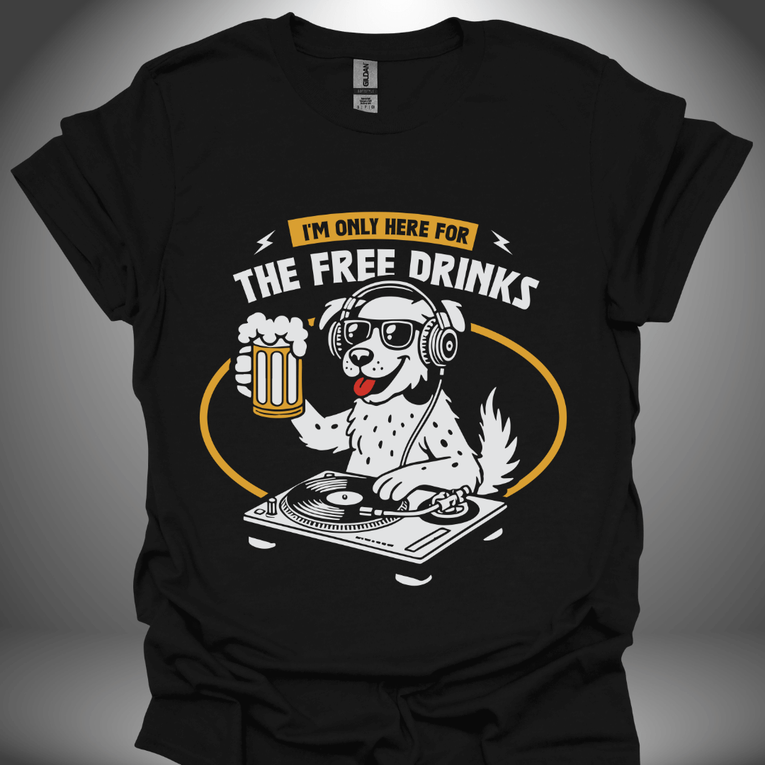 Funny DJ T-shirt, 'The Thirsty DJ' design in black, front view