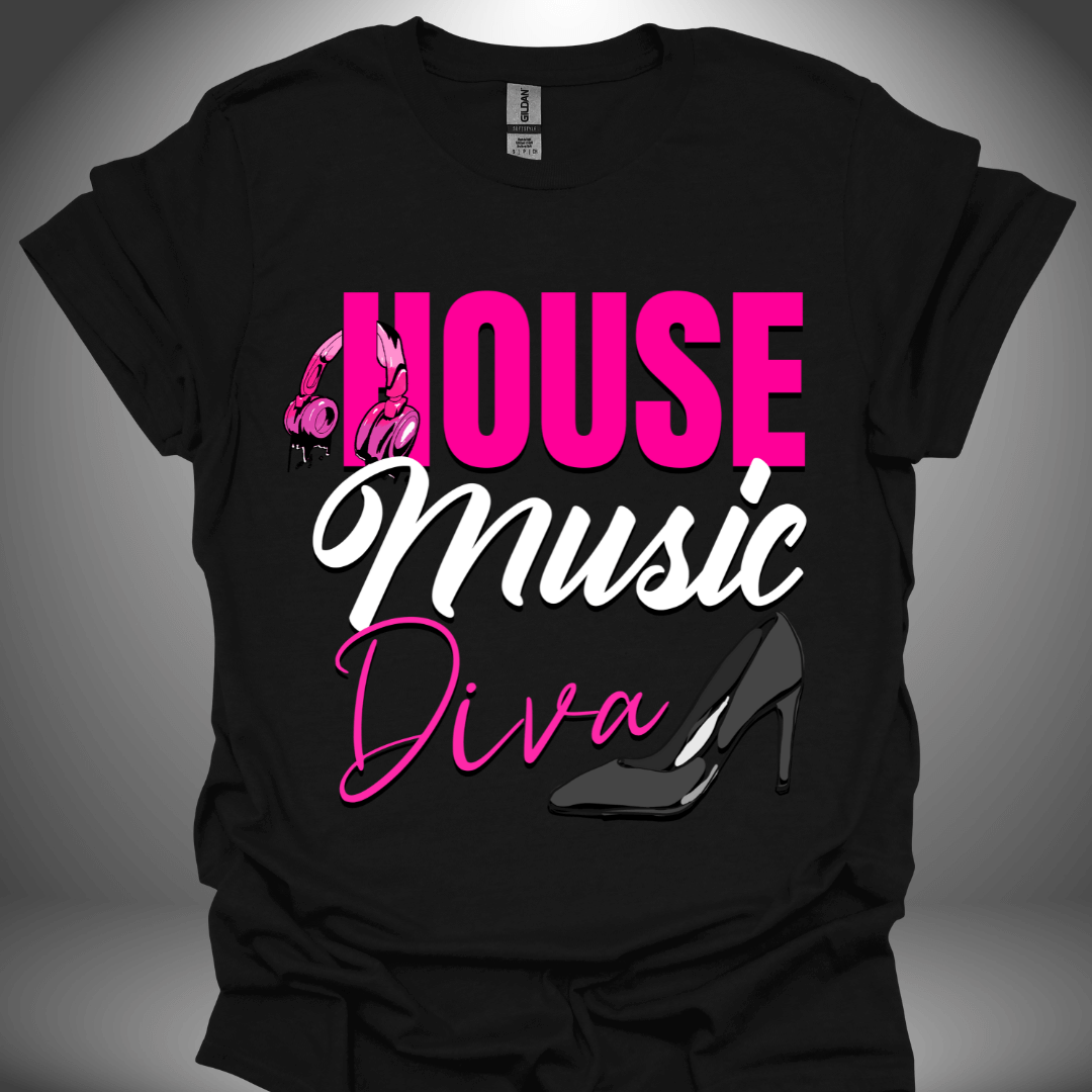 Unisex house music T-shirt, 'House Music Diva' design in black, front view