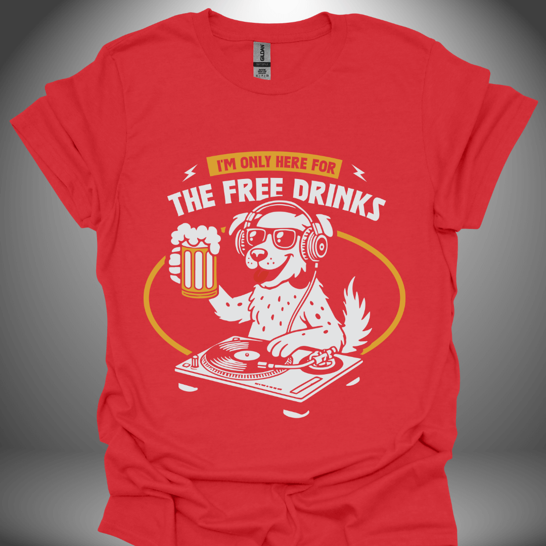 Funny DJ T-shirt, 'The Thirsty DJ' design in red, front view