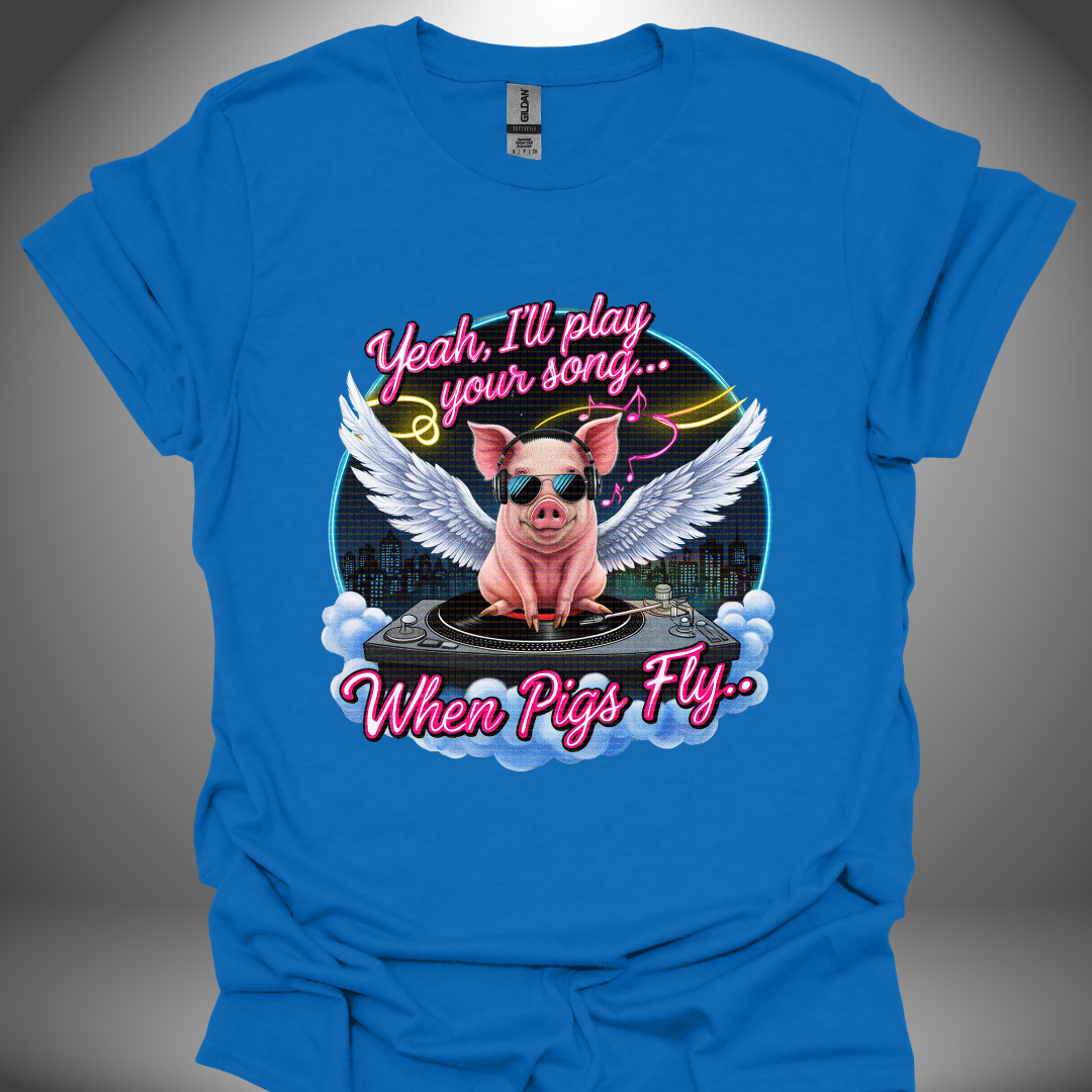 Funny DJ T-shirt, 'Pigs Fly' design in royal blue, front view