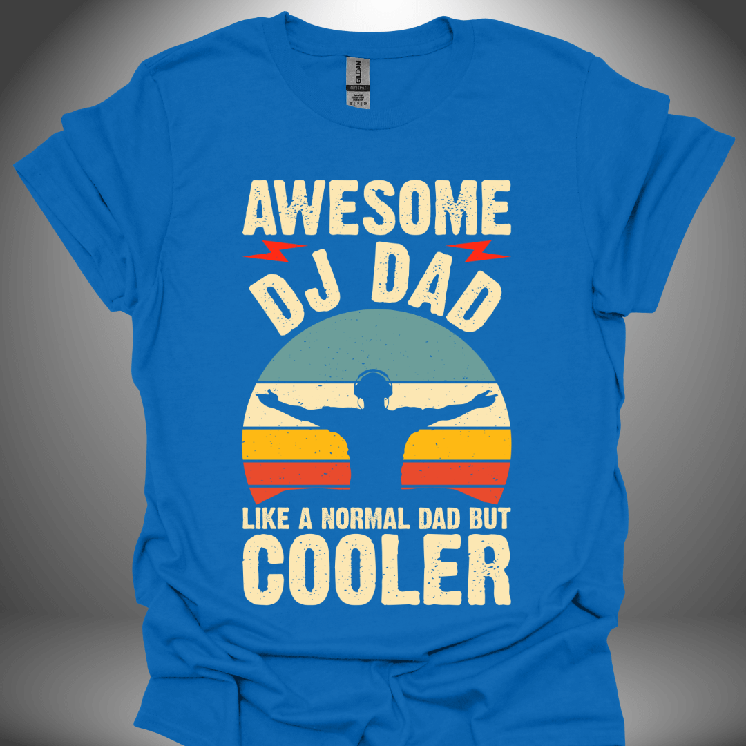 Unisex DJ T-shirt, 'Awesome DJ Dad' design in royal blue, front view