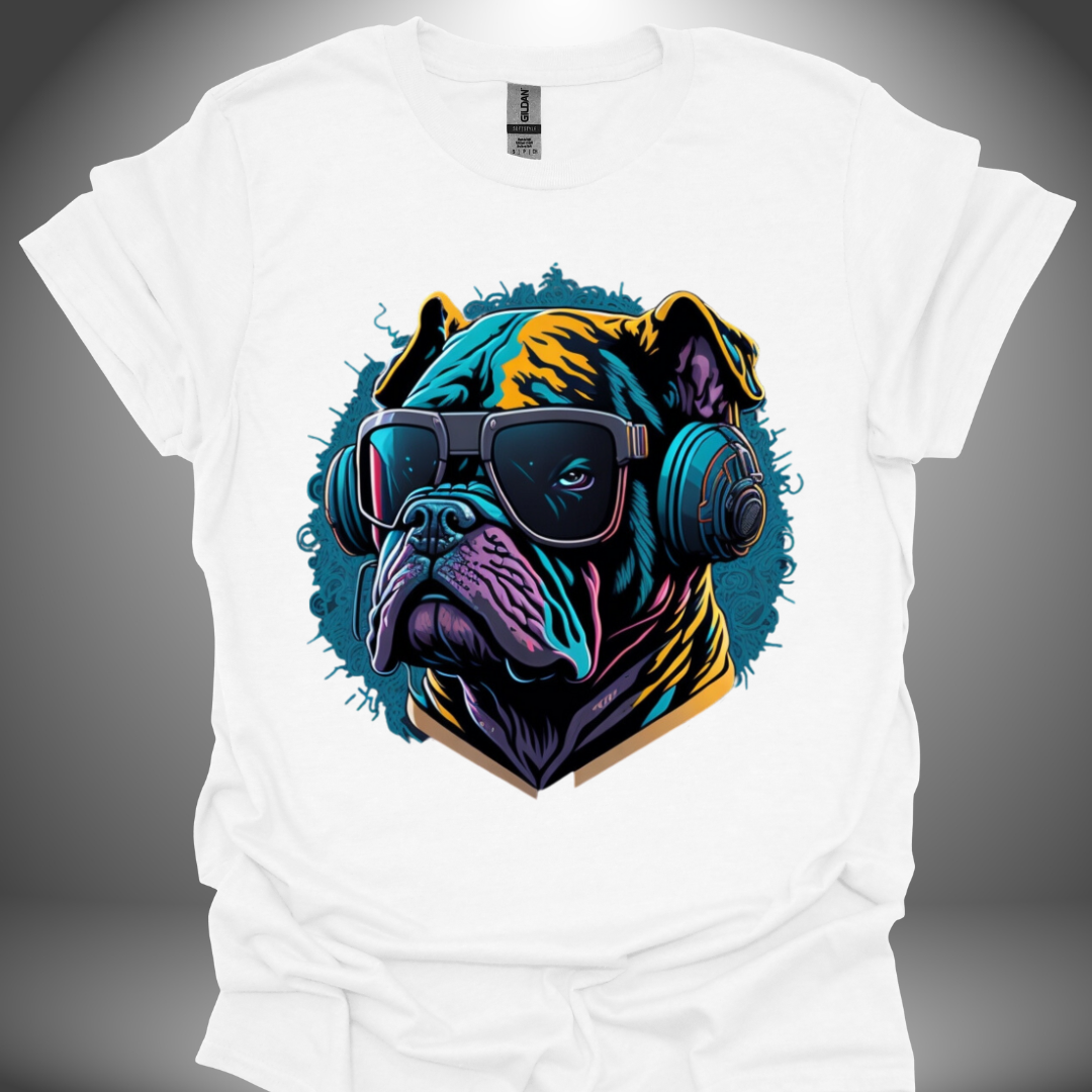 Unisex DJ T-shirt, 'Spin Master Pup' design in white, front view