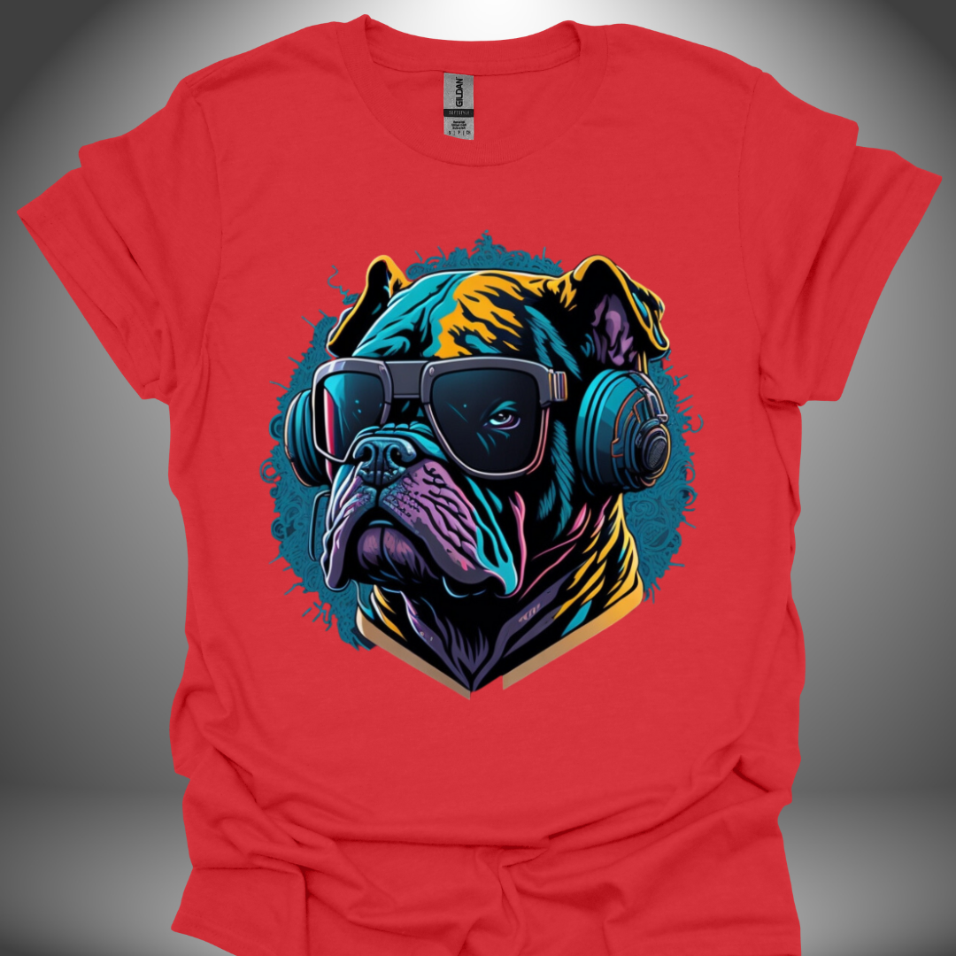 Unisex DJ T-shirt, 'Spin Master Pup' design in red, front view