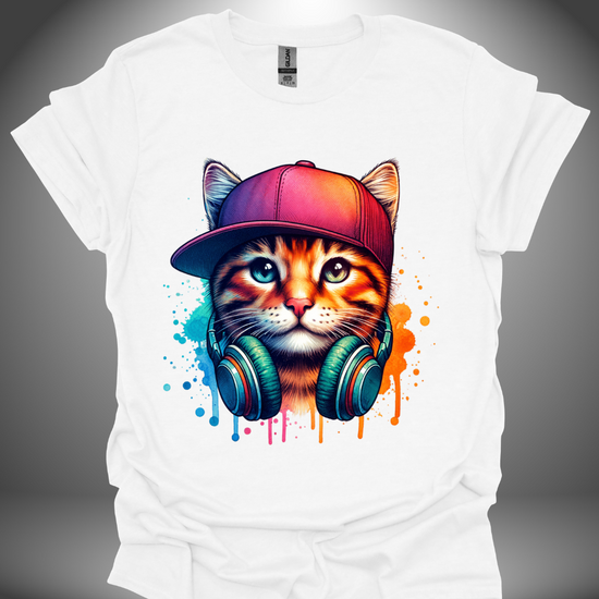 Unisex DJ T-shirt, 'DJ Cool Cat' design in white, front view