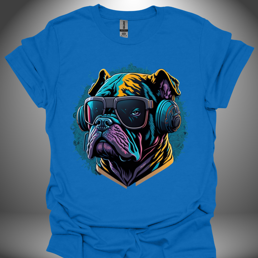 Unisex DJ T-shirt, 'Spin Master Pup' design in royal blue, front view