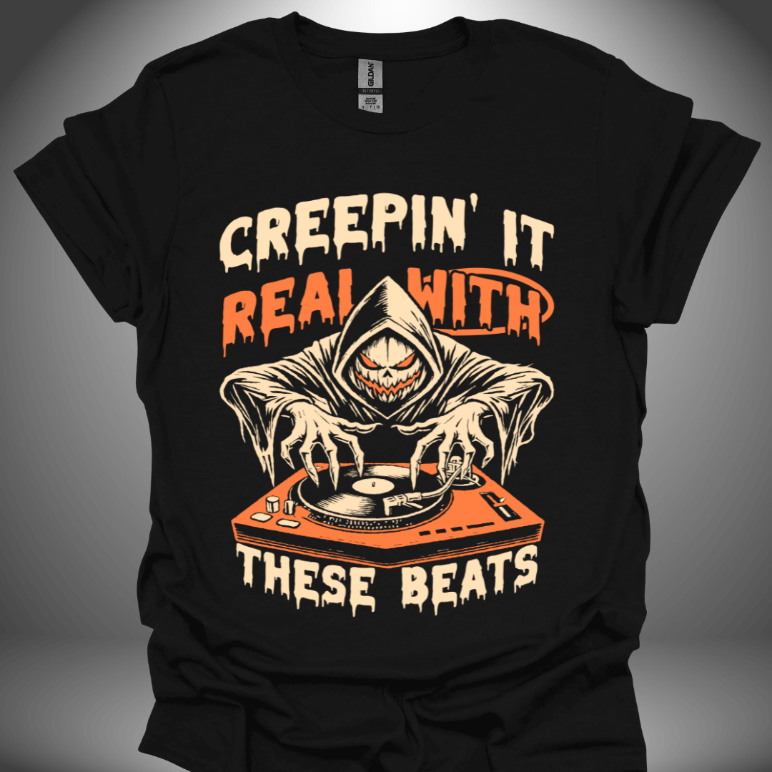 Halloween DJ T-shirt, 'Creepin It Real' design in black, front view