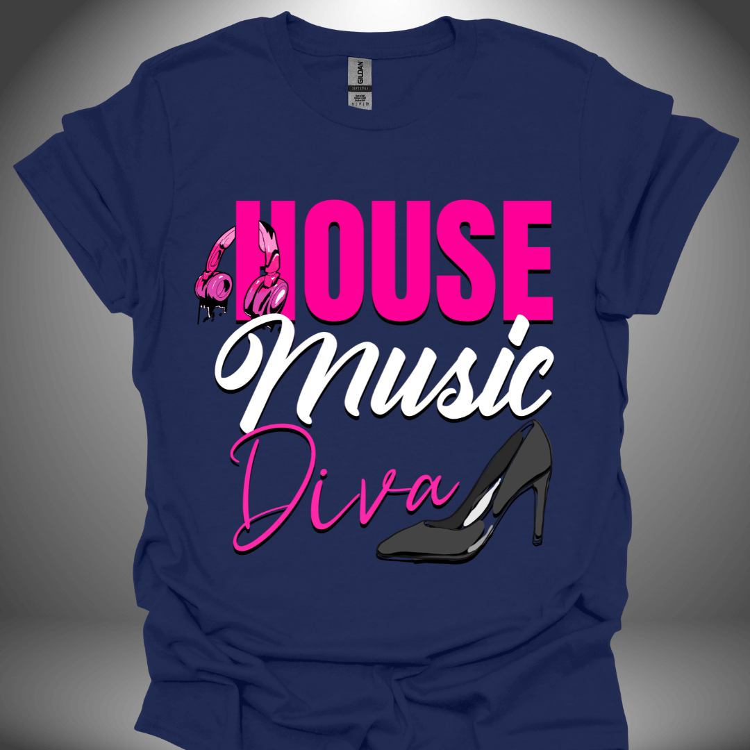 Unisex house music T-shirt, 'House Music Diva' design in navy, front view